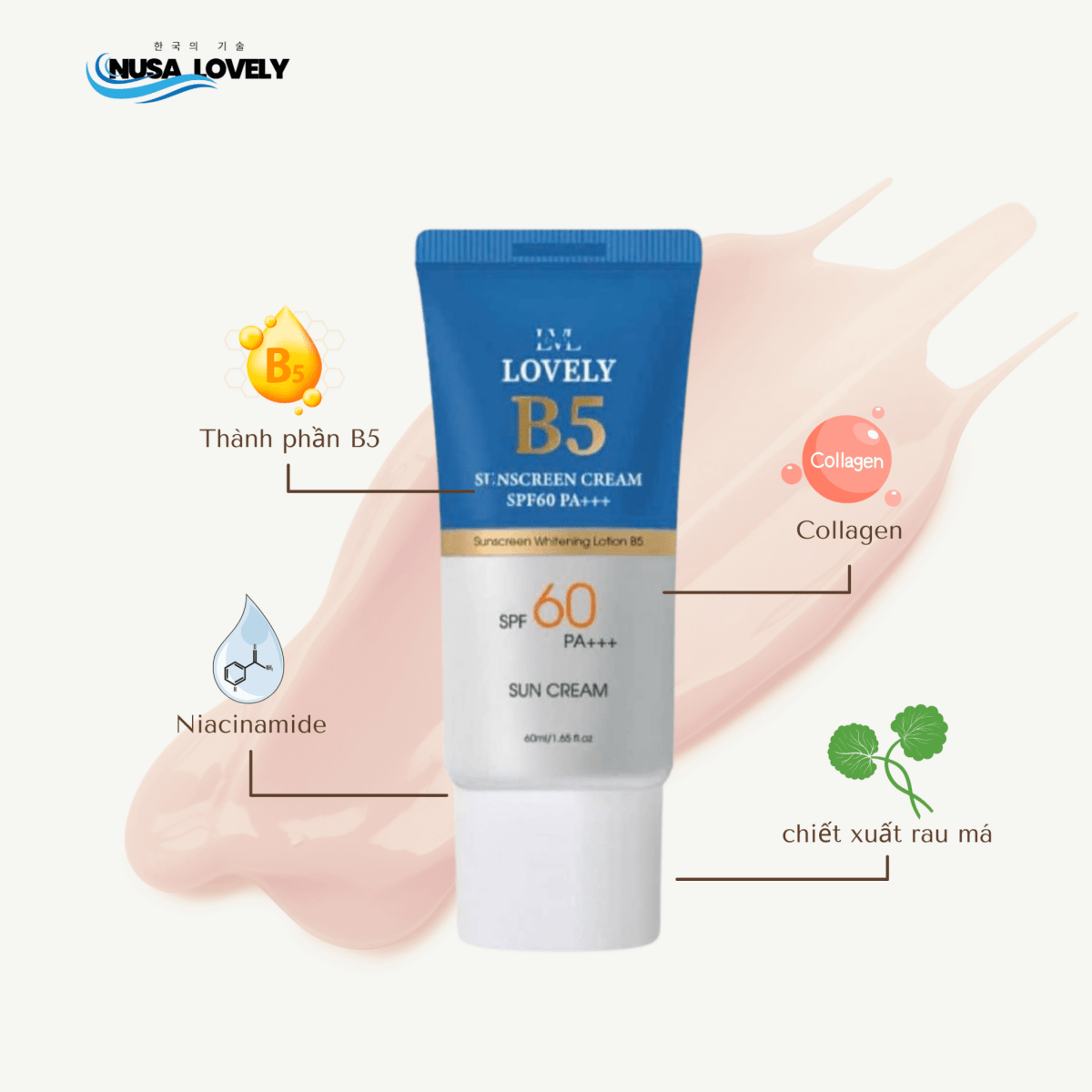 Kem Chống Nắng Nâng Tone Hồng B5 Lovely SPF60 PA+++ (60ml) - Nusa Lovely Việt Nam